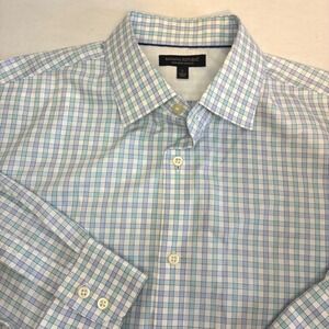 Banana Republic Mens Slim Plaid Dress Shirt Bloke Office Blue Teal White Large